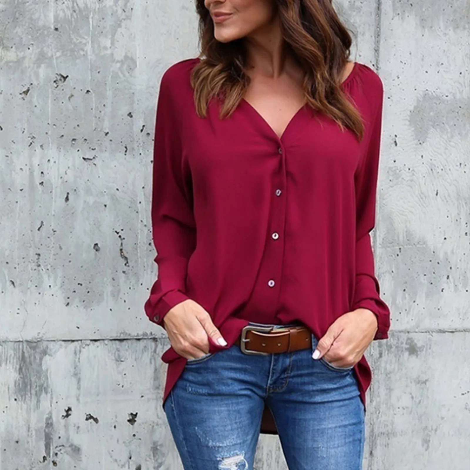 

Spring Woman Long Sleeve Shirt Solid Color Chiffon Blouse For Women Casual Button Up Black Wine Red Shirts Clothing