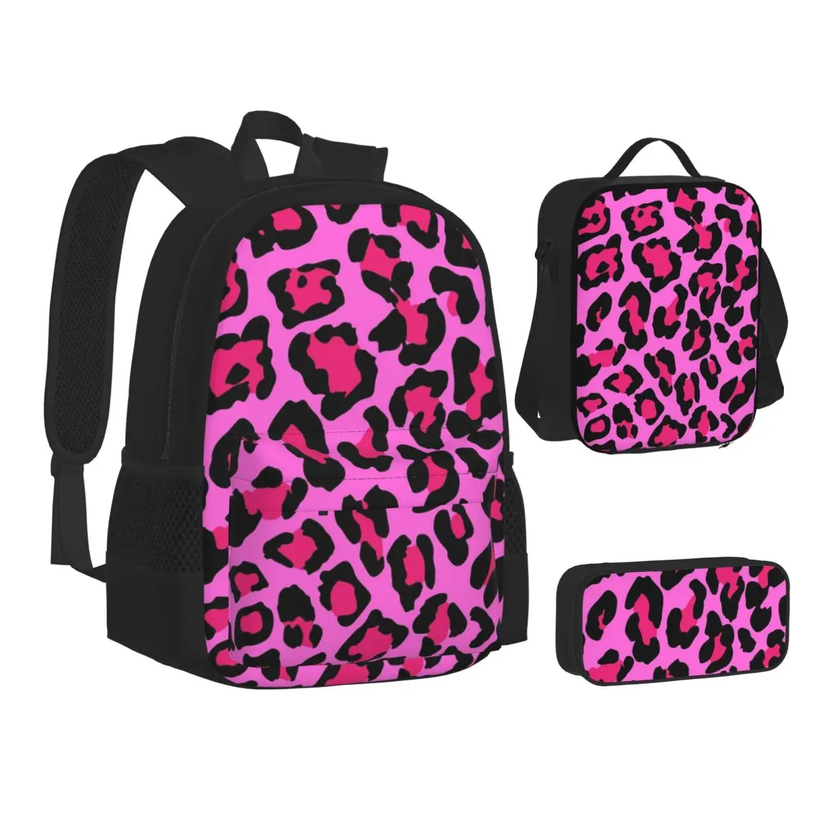 

Hot Pink Leopard Print Backpacks Boys Girls Bookbag Children School Bags Kids Rucksack Lunch Bag Pen Bag Three-Piece Set