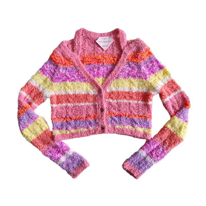 

Striped Knitted ort Sve Long Cardigan V-Ne Button Design Regular Thin Spring Faion Commute Sle