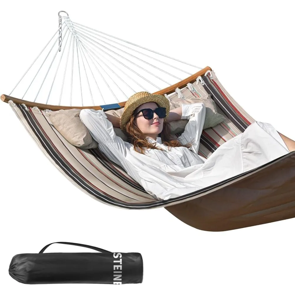 Double Hammock, 11 FT Quilted Fabric 2 Person Hammock Outside with Pillow, Folding Curved Spreader Bar, Chains, Havana Brown