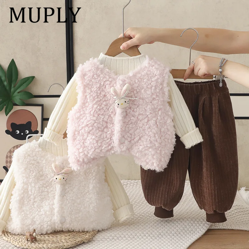 Girls 3Pcs Outfit Set Fleece Sleeveless Vest Knit Long Sleeve Top Corduroy Harem Pants Warm Kids Clothing Sets Autumn Winter