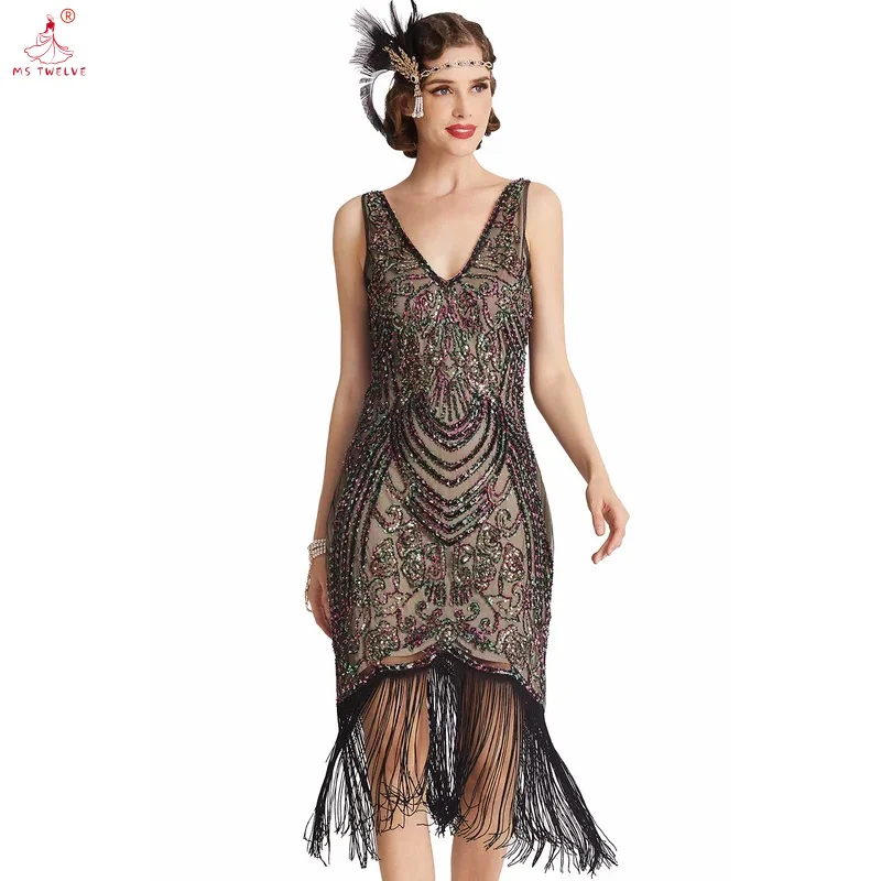 Vintage 1920s Flapper V-Neck Sequin Tassel Latin Dance Ballroom Women Great Gatsby Party Dress Elegant Beaded Sleeve