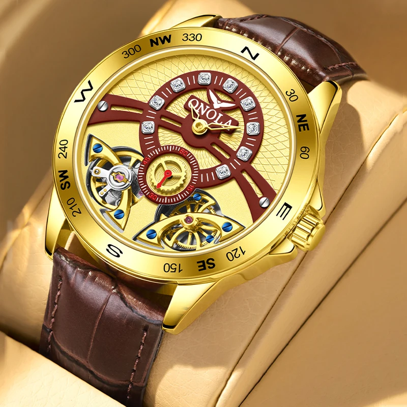 تصميم جديد فاخر للرجال توربيون ساعة ميكانيكية عالية الجودة جلدية ساعة أوتوماتيكية مقاوم للماء ساعة ذهبية رجال الأعمال على مدار الساعة #1
