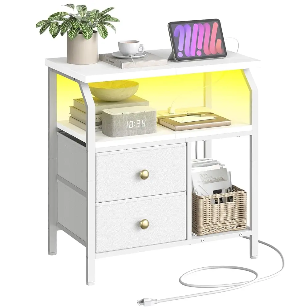 

23 H Wide Nightstand With Charging Station And Led Light, Night Stand With 2 Fabric Drawers, Bedside Table, Dresser With Open