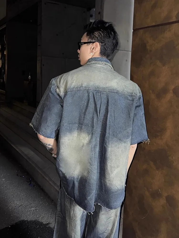 Top Quality Chic Men Spring Summer Vintage Denim Shirts Ripped Style Short Sleeved Turndown Collar Loose Fit Personality Tops