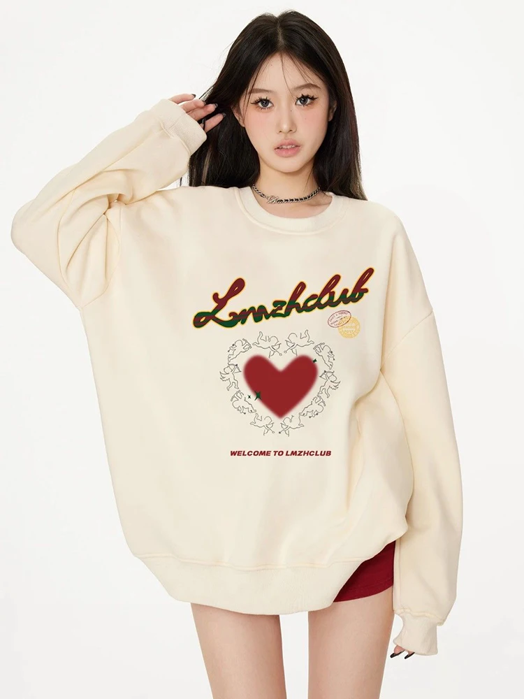 Jmprs streetwear retro love sweatshirt women pure cotton oversize pullovers american vintage letter lady loose cute casual tops