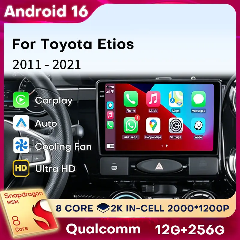 Radio para Auto Android 16 con Carplay para Toyota Etios 2011-2021, Reproductor Estéreo con WIFI, DSP, Bluetooth, 2 DIN, Cámara 360, Multimedia, 4G LTE
