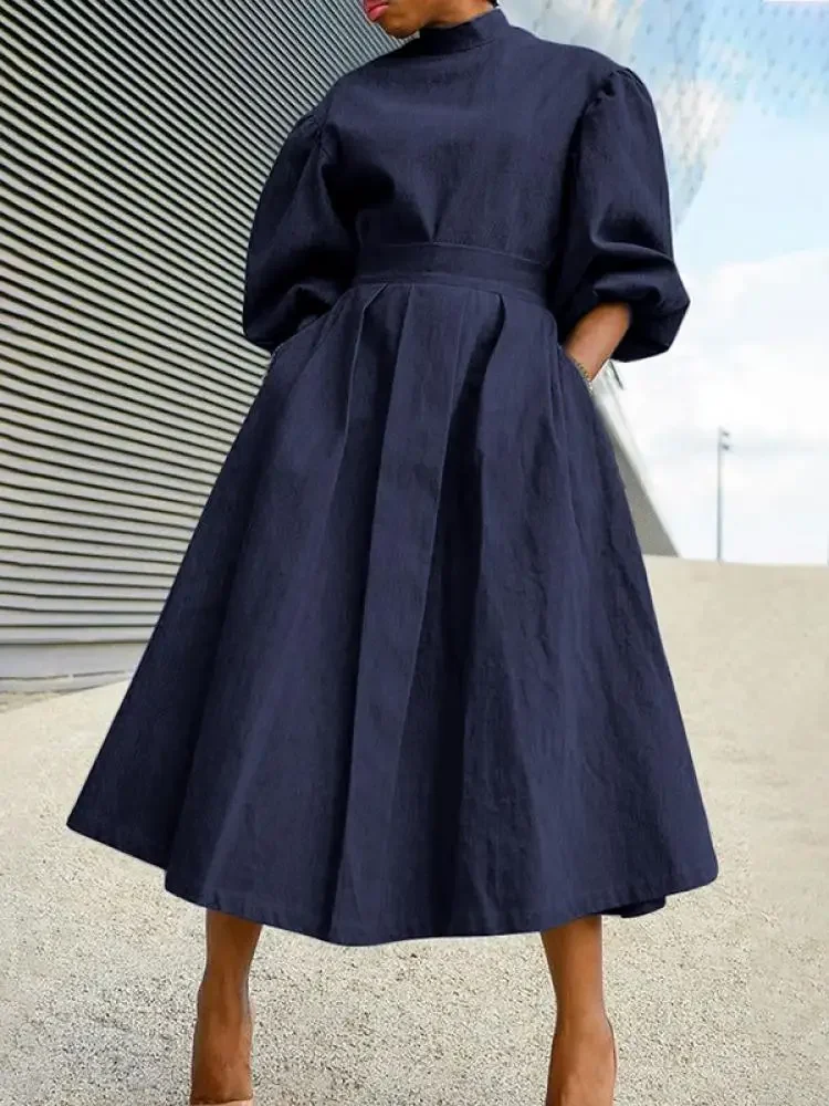 

Gymystars Women's Imitation Denim Pleated A-Line Dress 2024 New Summer Puff Sleeves Solid Color Fashion Going Out Midi Dresses