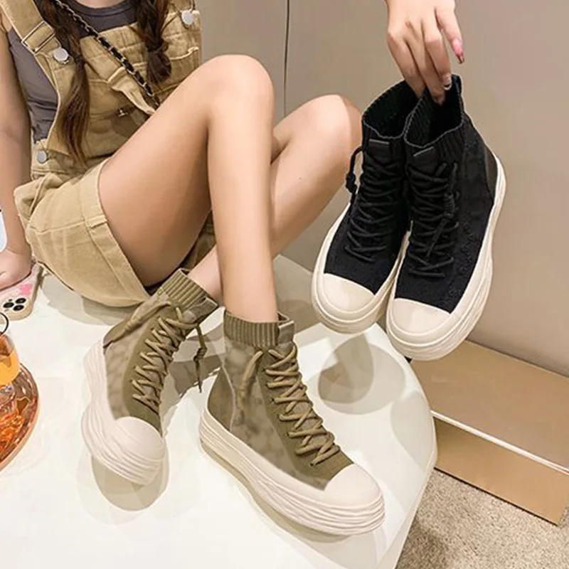 Fashion Boots Women Breathable Sneakers Elastic Fabric Sport Shoes for Woman Casual Vulcanized Flats High Top Zapatos Mujer