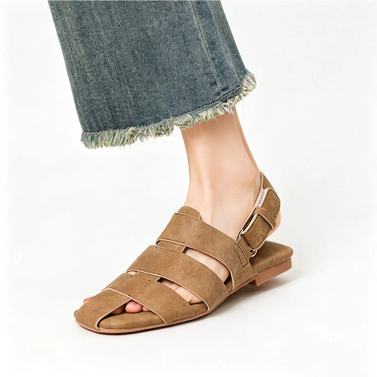 Arden Furtado Women's Summer Sandals Yellow Brown Cowhide Square Toe Hollow Flat Casual Beach Shoes Extra Large Size