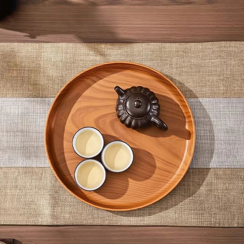 1PC Plastic Round Dessert Plate Japanese-style Wooden Coffee Wooden Tray Snack Dried Fruit Plate Oval Tea Tray Kitchen Supplies