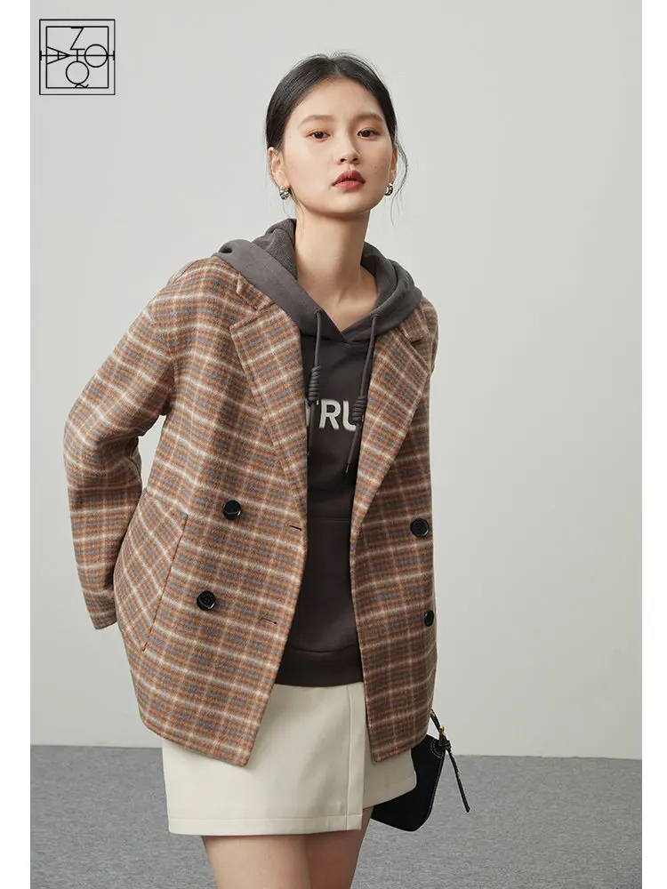 ZIQIAO British Style Plaid Wool Suit Jacket Women Winter Niche Sense Office Lady Commuter Double-sided Woolen Coat Length Option