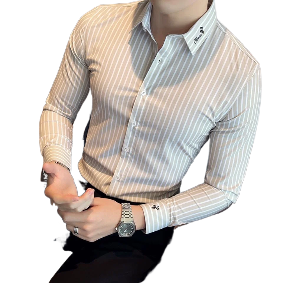 

Men shirt Long sleeve Spring and Autumn Striped Wrinkle Embroidered Shirts Business Casual Korean Slim-fit Handsome Top