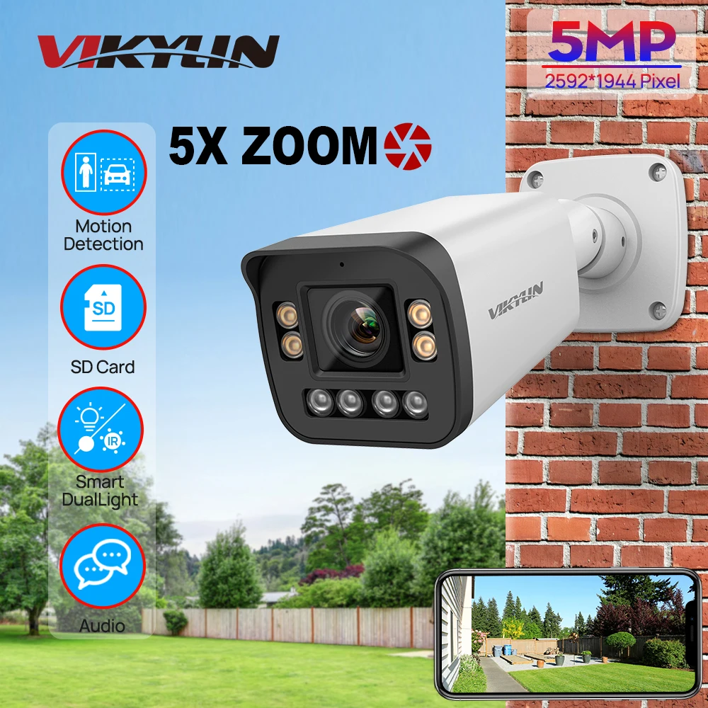 

Vikylin 5MP IP Bullet Security Camera 5X Zoom Color Night for Hikvision Compatible POE Audio SD Human Vehicle Detect CCTV Camera