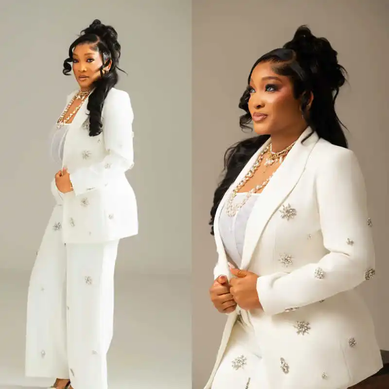 Modern Crystals Women Suits Set 2 Pieces Long Sleeve Office Ladies Work Jacket Customized Office Wedding Prom Coat