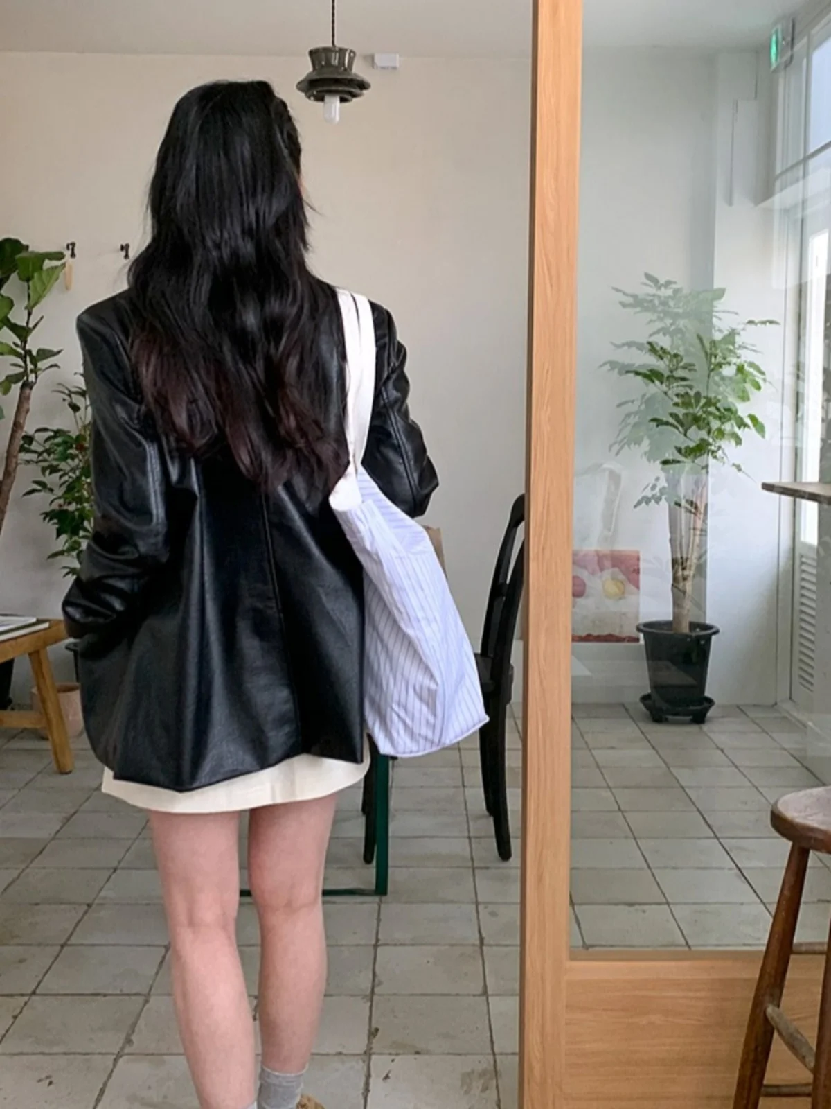 Bla Leather Jaet Women's Korean Sle Winter Faion Retro Suit Outerwear High-End Loose Versatile Top PU Material Long S...