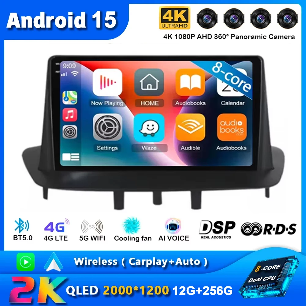 Автомобильное радио Android 15 Carplay для Renault Megane 3 Fluence Samsung SM3 2008-2014 Навигация GPS Мультимедийный плеер Wi-Fi + 4G BT
