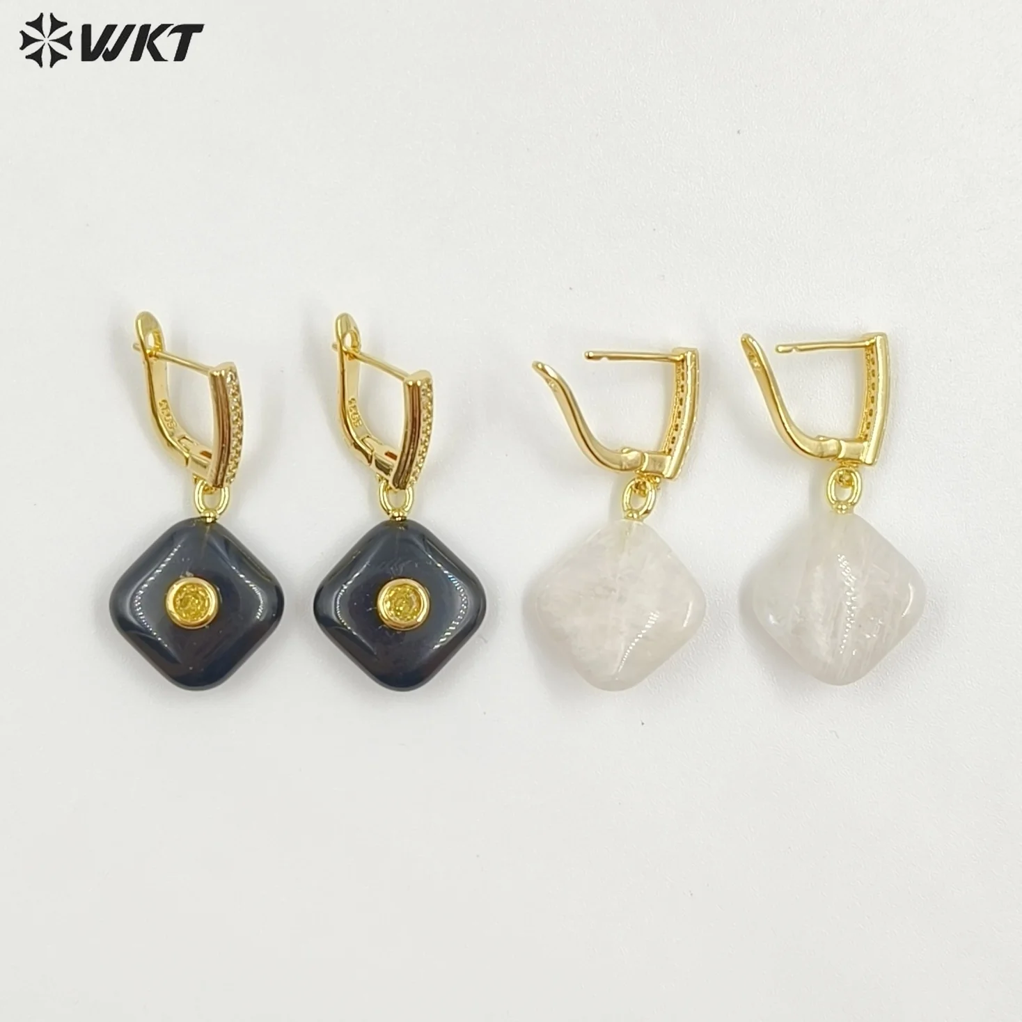 

WT-E797 Wholesale Unique Design Gold Plated Black Obsidian Multi Gemstones With Zircon Geometric Women Earrings As Party Gift