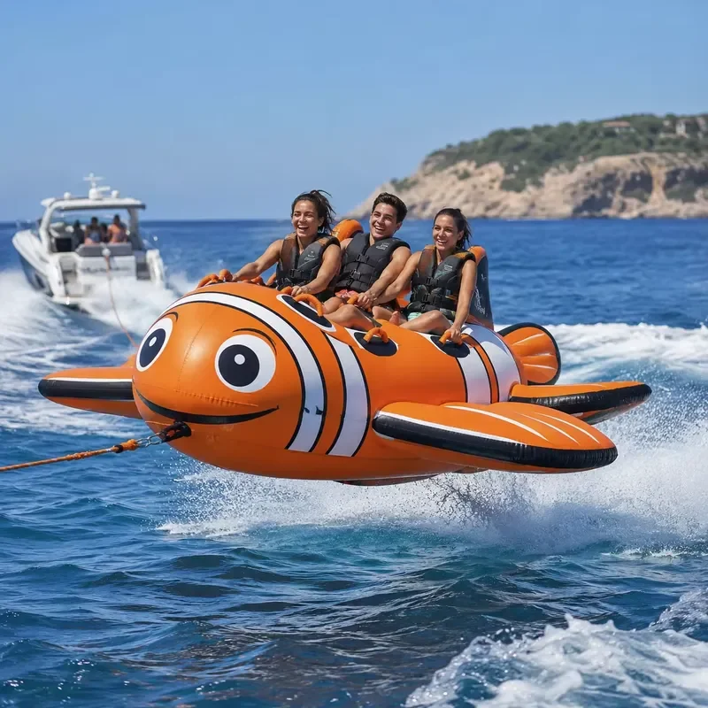 Clownfish Shape Inflatable Towable Tube Multi Rider Flying Water Sled for Yacht Towing Beach Ocean Adventure
