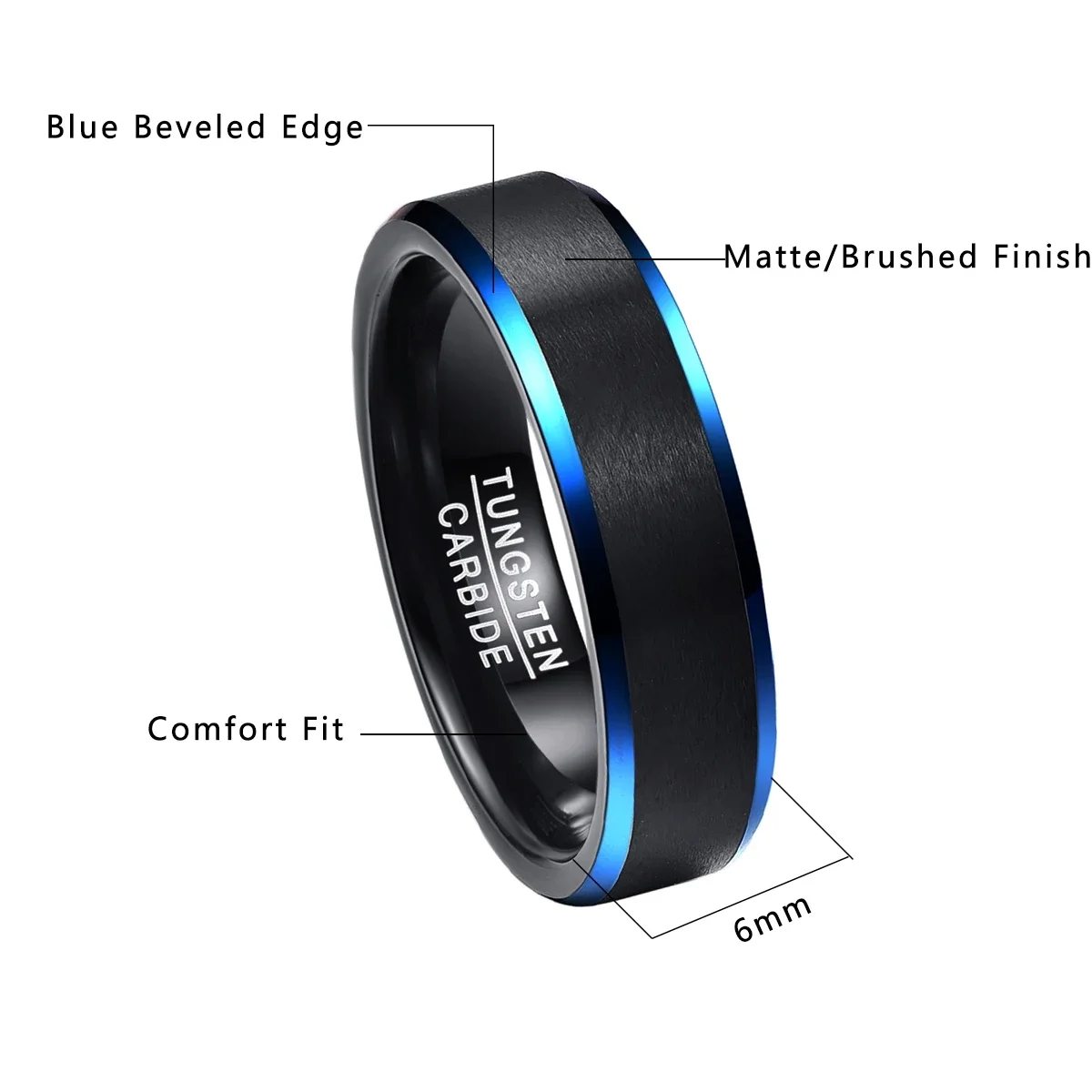 BONLAVIE Black Matte Surface Blue Edge Promise Band Men Rings Tungsten Carbide Multi-size Gift Anillos Para Hombres Pierscienie