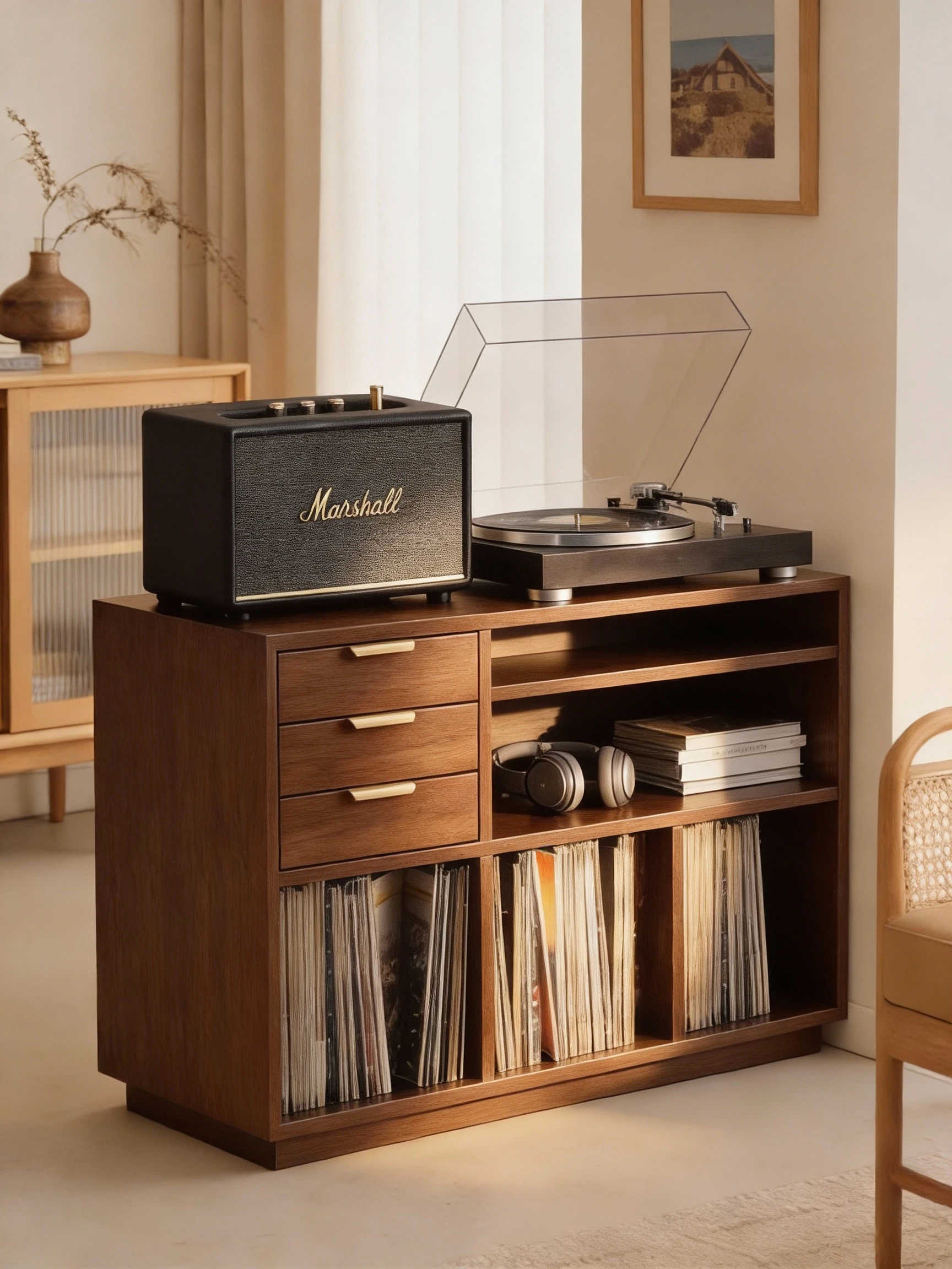 Solid wood vinyl record cabinet, living room storage retro multi-layer drawer bookcase, record player storage