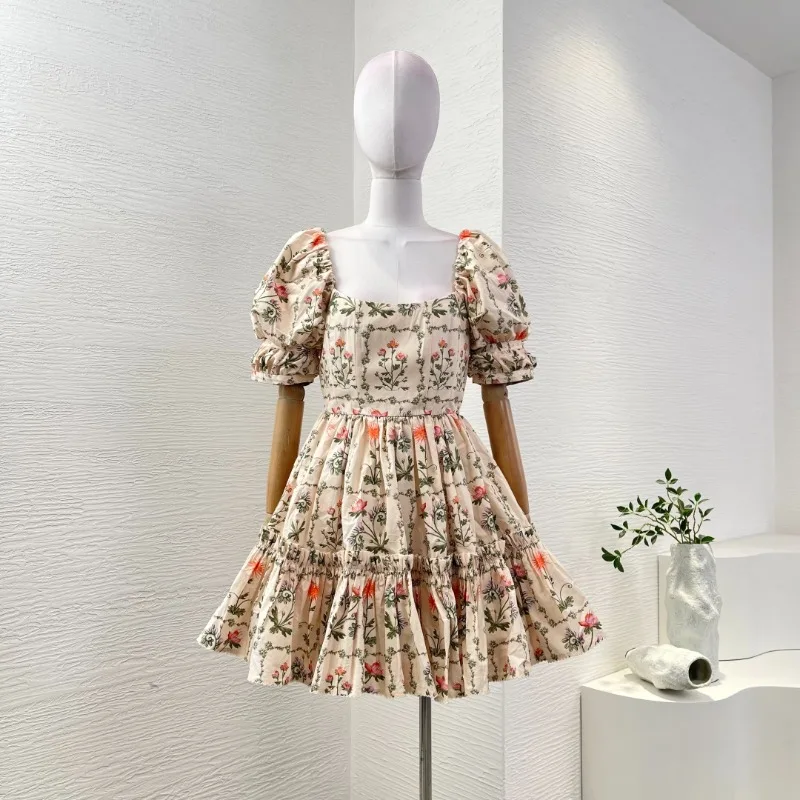 Women's Beige Floral Print Palace Puff Sleeves Square Collar Pleat Mini Dresses Elegant 2025 New Fashion