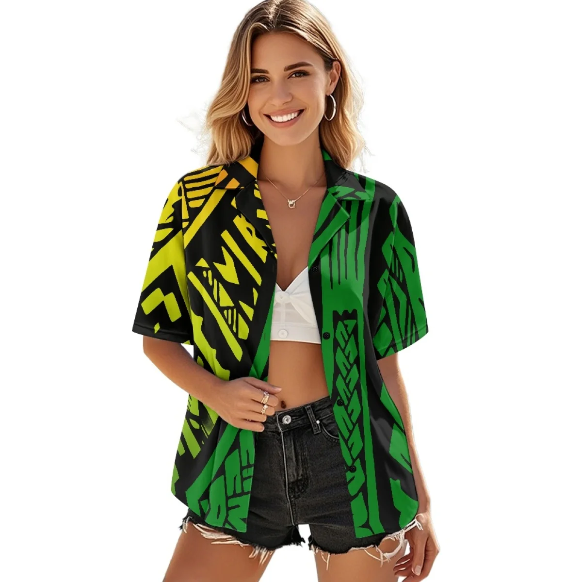 

Custom made on demand Polynesian plus size women elegant chiffon shirt tribal tial print white casual shirt