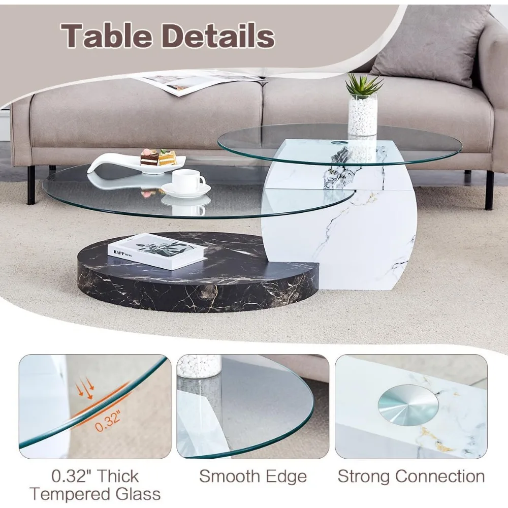 47" Glass Coffee Table, Oval Coffee Table, 3-Tier Design with Oval Tempered Glass Tabletop and White Black Color Wooden Base, La