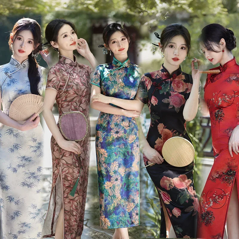 

2024 Новое винтажное платье в китайском стиле Qipao, элегантное женское платье Cheongsam с сексуальным принтом, повседневное платье с разрезом, большой размер 4XL 5XL