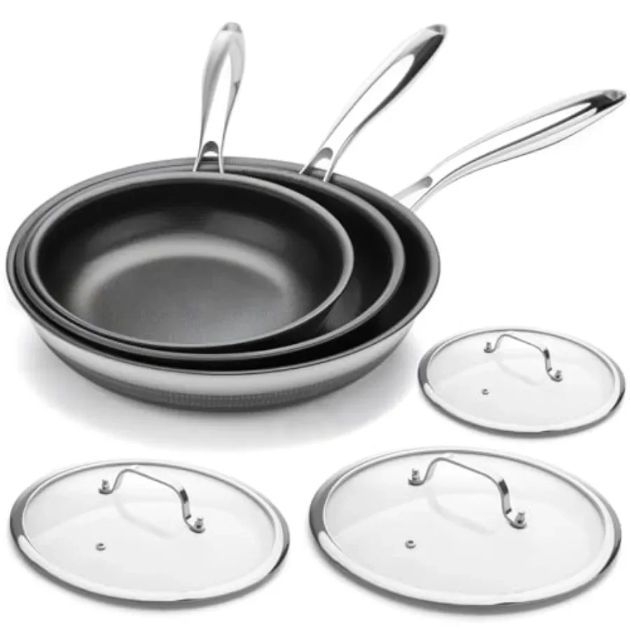 

6Piece Nonstick Frying Pan Set with 3 Lids Featuring NonToxic Titanium Ceramic Coating Includes 8 10 and 12 Inch Stainless Stee