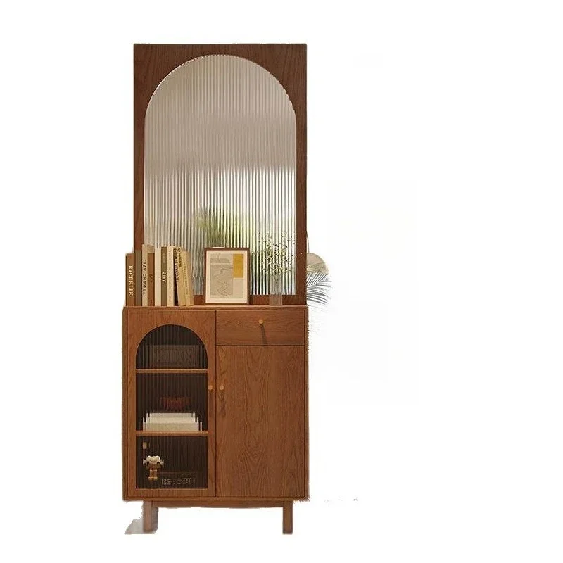 Chinese living room full solid wood glass screen, multi-functional partition cabinet at the entrance, rattan shoe cabinet