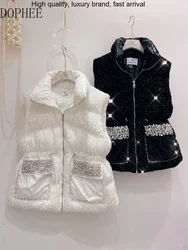 Women Diamond Sequins Vests Bread Coats New Autumn Winter Drawstring Zip Sleeveless Wadded Jackets All-match Casual Waistcoat