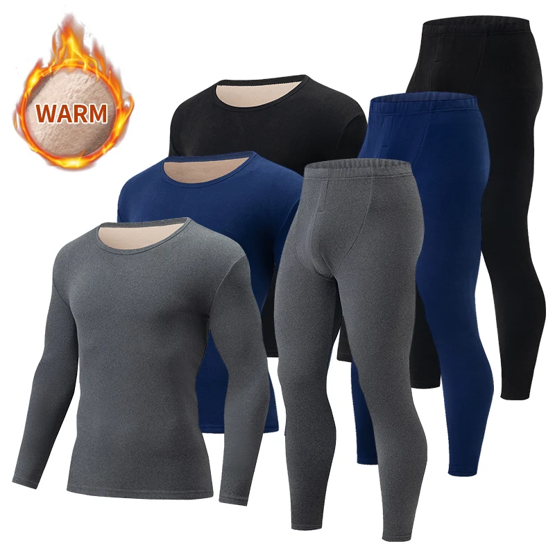 

2-piece Men's Warm Suit For Autumn And Winter Solid Color With Thick Fleece Youth Sports And Leisure Base Autumn Clothes