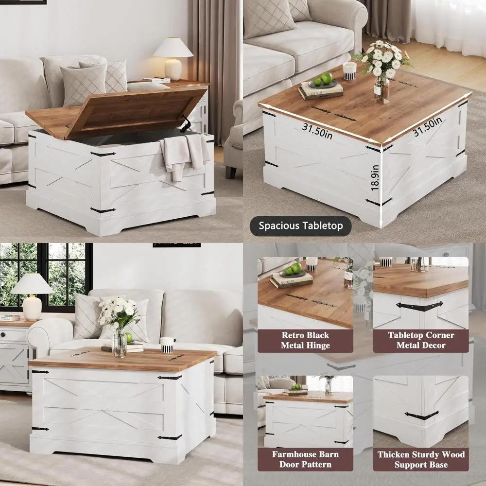 

"Белый журнальный столик в стиле фермерского дома с подъемным ящиком для гостиной"