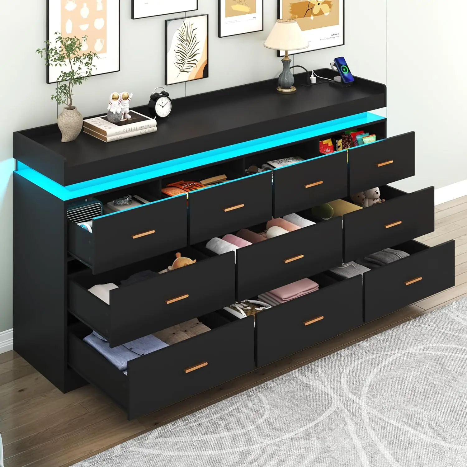 of Drawers for Closet, Wide Drawer Organizer Cabinet for Bedroom, Living Room, Entryway, Hallway, Black