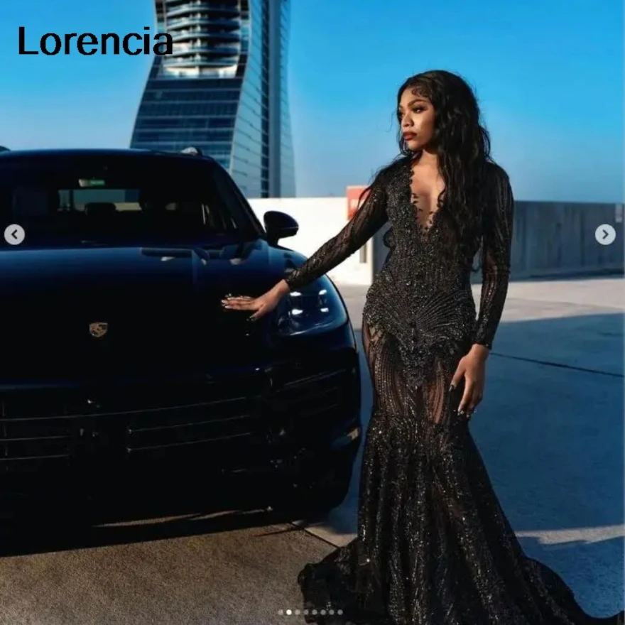 Lorencia-vestido de graduación largo negro brillante para niña negra, vestido de Gala de fiesta Formal con cuentas de diamantes brillantes, recepción de noche, YPD195