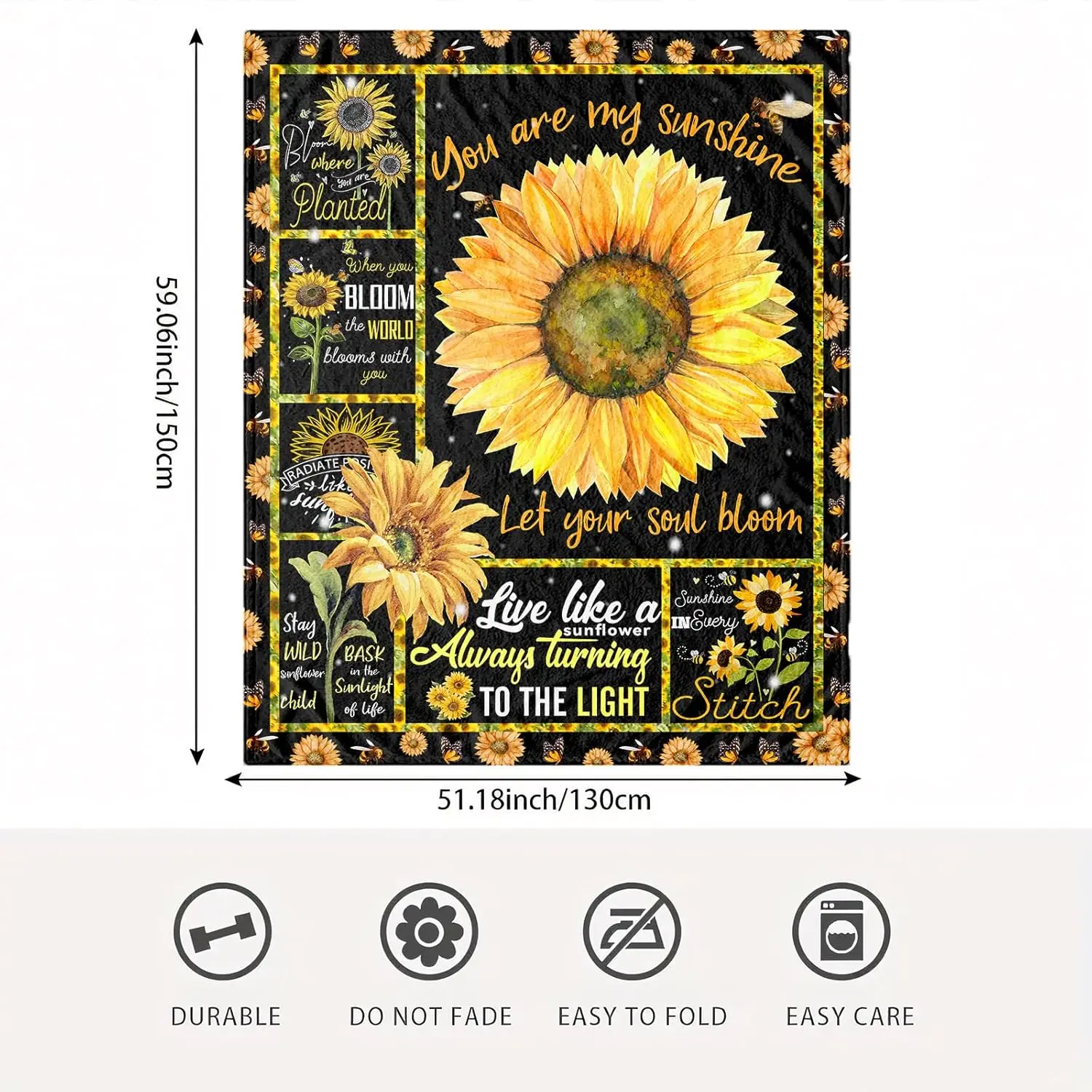 Koc flanelowy z motywem słonecznika, inspirujący napisem: „You are My Sunshine”, koc z cytatem: „Let Your Soul Bloom”, personalizowane koce.