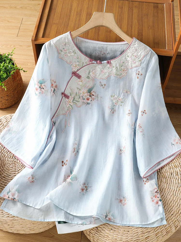 New Chinese Style Printed Shirt Women's Seven Sleeve Cotton Linen Upper Body Embroidery Button Slanting Collar Zen Tea Clothing