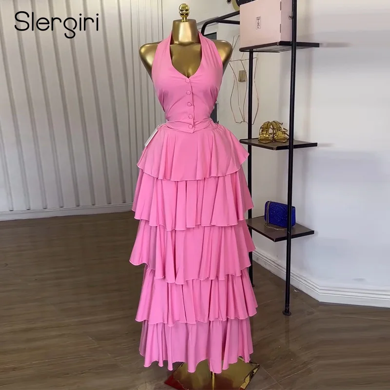 

Slergiri Women's Skirts Set 2025 Summer Sweet Bow Tie Backless Halter Top with High Waist Layered Hem Long Skirt Two-Piece Set