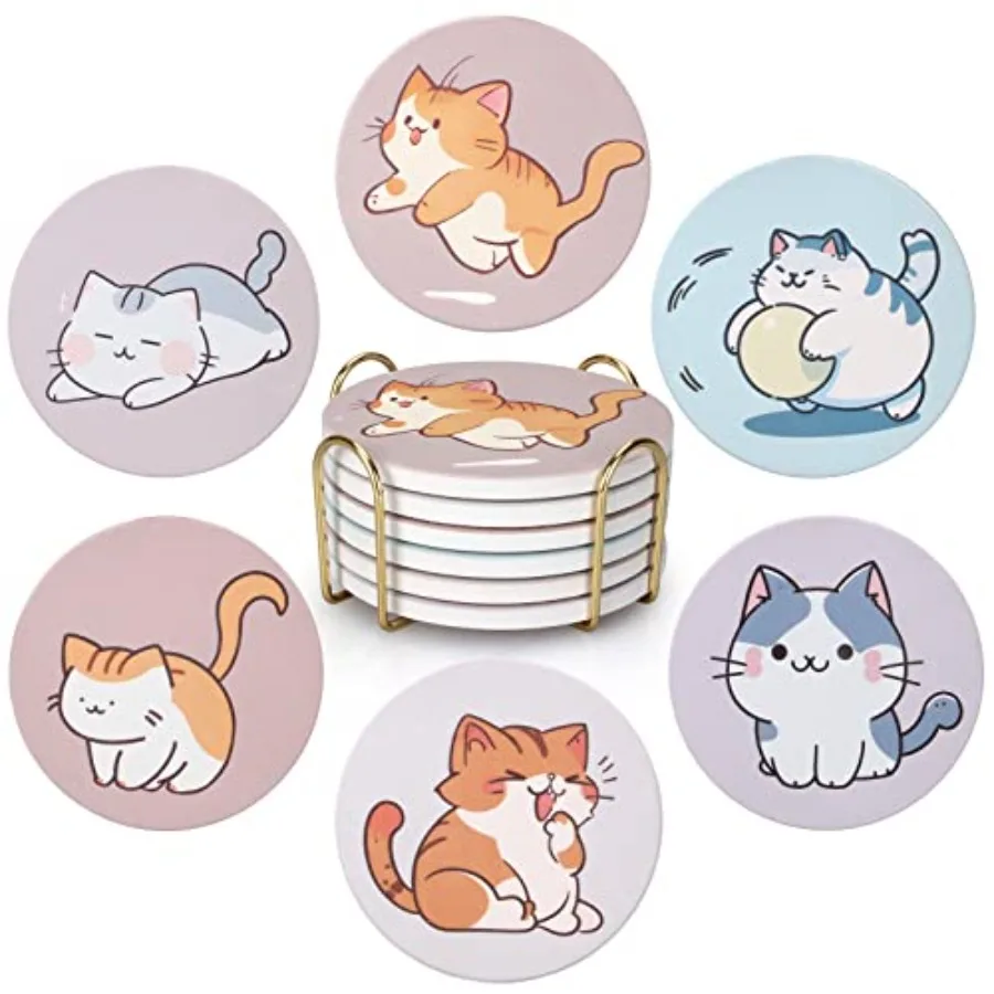 

Cute Coaster Lover Gift for Cfee Table Ceramic Coasters with Holder Drink Coaster Unique Themed Gifts Kawaii Anime Decor fice D