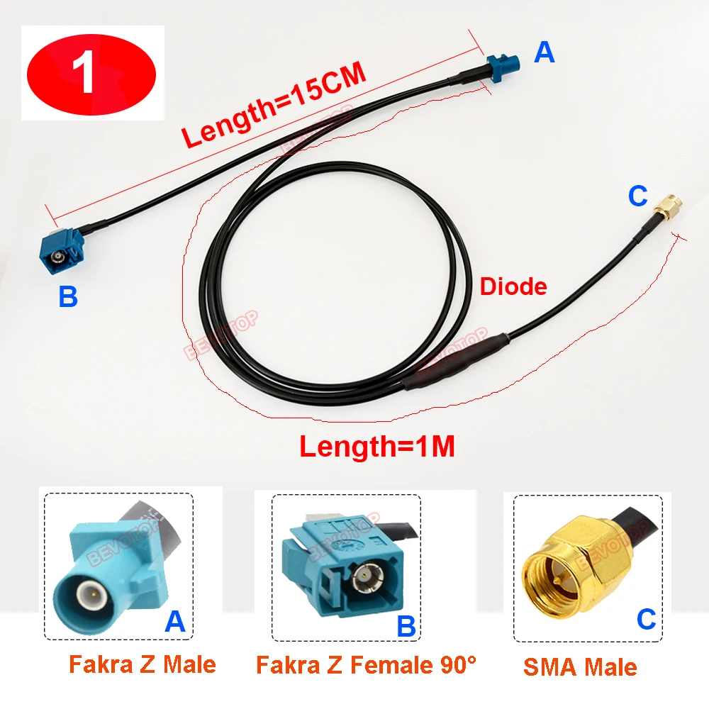 1PCS 15CM / 1M Y Type Splitter Cable Fakra Z Male to Z Female/SMA/SMA 90° Right Angle Car GPS Extension Connect Wire BEVOTOP