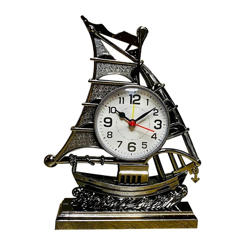 Clock Alarm Sailboat Table Vintage Retro Model Ornament Nautical Desk Clocks Boat Figure Silent Bedside,Silver Easy To Use