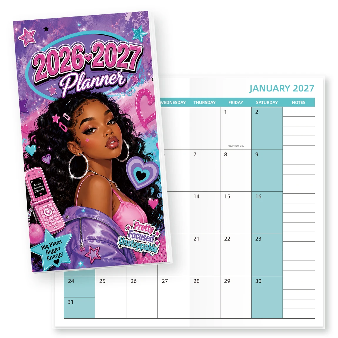 1PC 2026-2027 Monthly Planner, Black Girl Y2K Cover, Calendar with Notes, Contacts, Holidays & 2026-2029 Overview