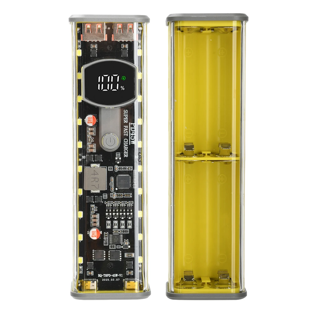PD 65W/45W/20W Superschnelle Lade-Powerbank DIY-Modul-Gehäuse mit integriertem Ladekabel DIY-Akkubox für 8-Zellen-Akkupack