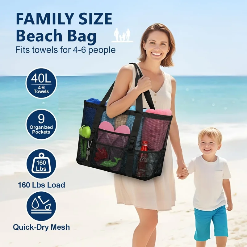 Oversized Mesh Beach Bag With 9 Pockets Quick Dry Sand Free Toy Organizer Tote Pool Cruise Travel Must Haves view 6