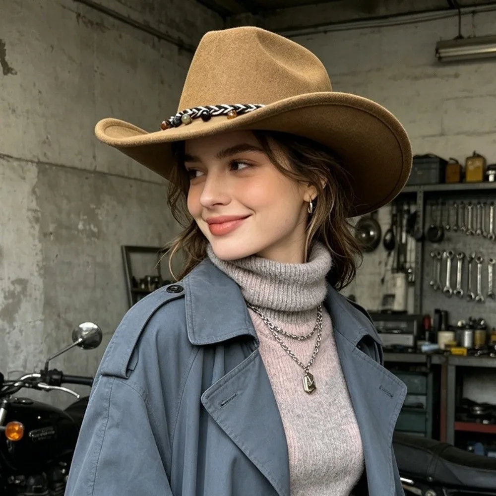 Felt Cowboy Hat Vintage Western Style Curved Brim Western Hat Decorative Chain Band Structured Crown Fedora Hat