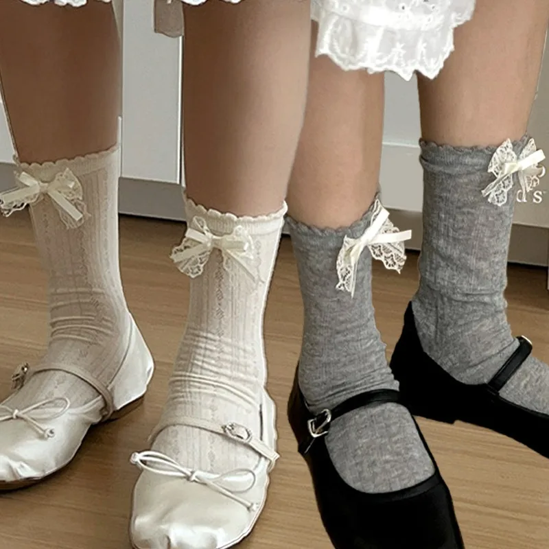 1/2Pairs Lace Bowknot Socks Women Hollow Breathable Bow Ribbon Tassels Girls Middle Tube Stockings Lolita Sweet Wooden Ears Sock