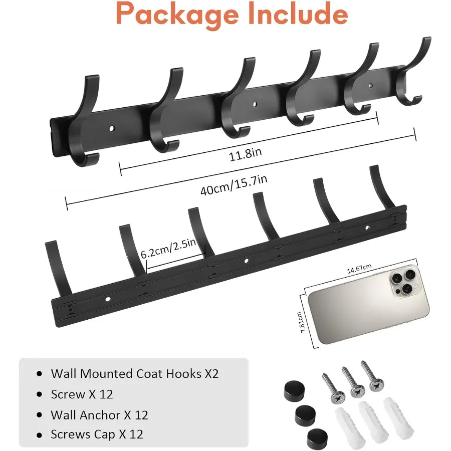 2 Pack Wall Mount Coat Rack with Hooks for Hanging Coats Hats and Towels SpaceSaving WallMounted Organizer for Entryway Bathroo