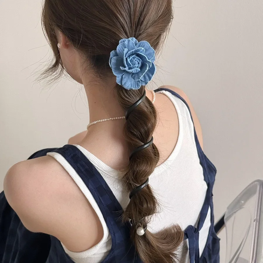 

Sweet Denim Blue Camellia Flower Telephone Wire Line Elastic Rubber Braided Hair Rope For Women Hairband Hair Ring Accessories