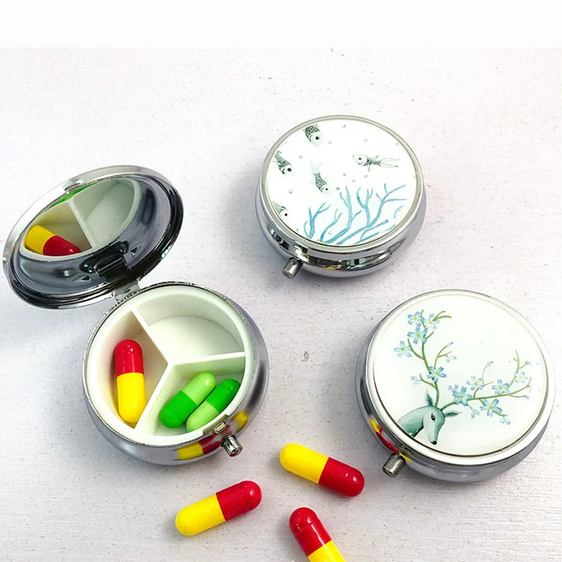 3 Compartments Metal Pill Box Travel Pill Splitters Case Container Vintage Medicines Organizer With Mirror Drugs Boxes Candy Box